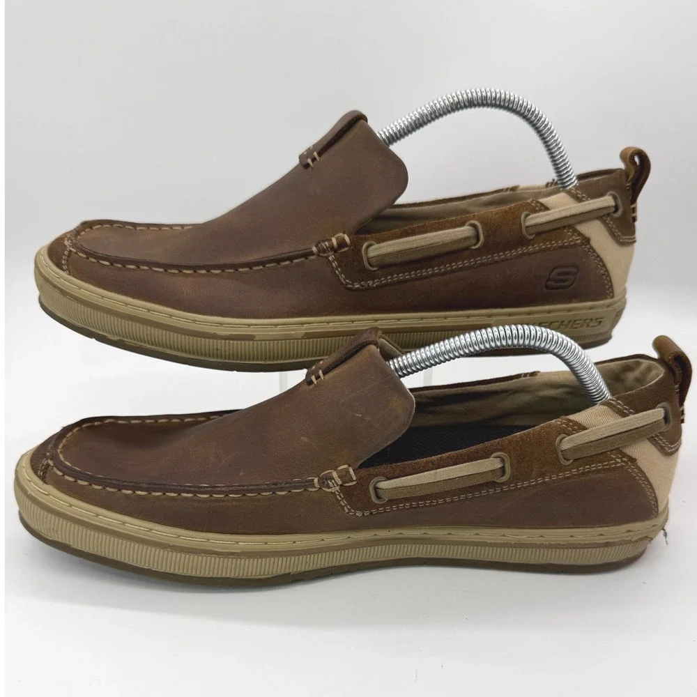 Skechers Boat Shoes Mens 11.5 Brown Leather Slip On Casual Moccasin Loafers